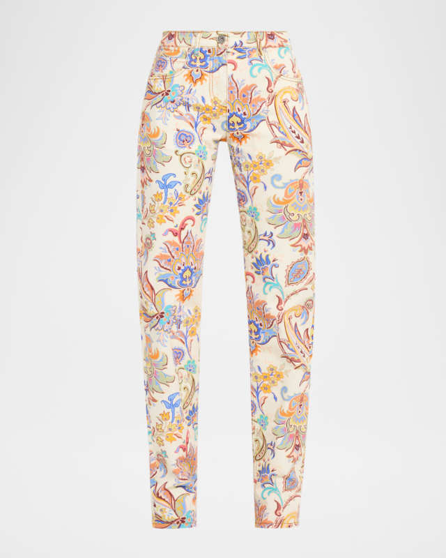 Tapestry Stretch Denim Straight-Leg Pants